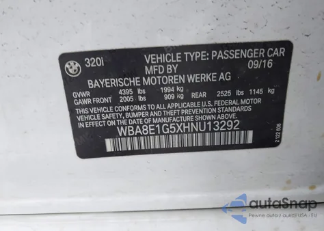 2017 BMW 320I из США, поврежденный, VIN WBA8E1G5XHNU13292